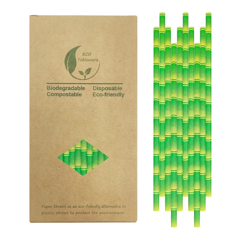 BOFA Eco Tableware Green Bamboo Printed Paper Drinking Straws, 100 Pack Biodegradable Disposable Bamboo Pattern Straw for Cocktail, Party Decoration - Image 1